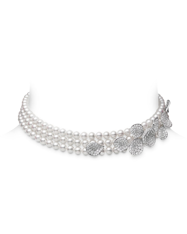 Les Pétales Place Vendôme Akoya Cultured Pearl Triple Collar Necklace with Diamonds Set in 18k White Gold